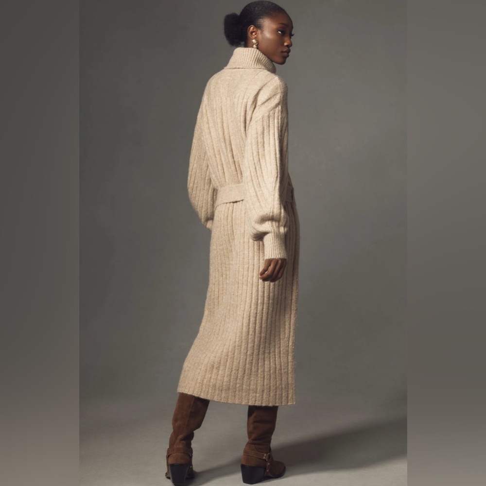 Anthropologie Long sleeve oversized turtleneck belted sweater midi dress, sz XSP - Picture 11 of 13